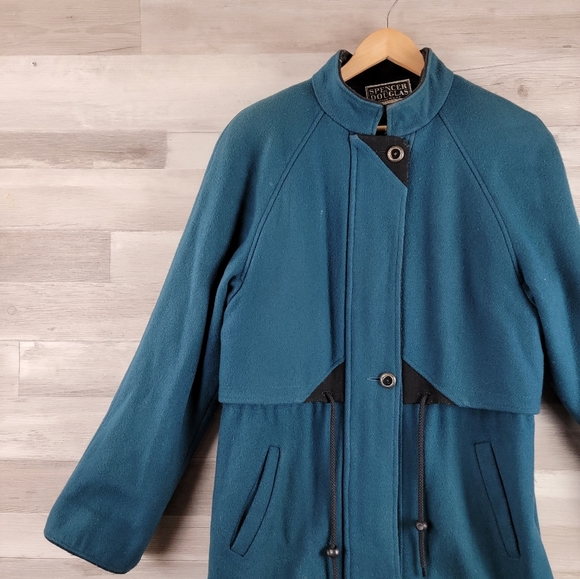 Vintage Spencer Douglas Dark Teal, Black Trim Wool Mid Length Winter Coat Large - Picture 12 of 16